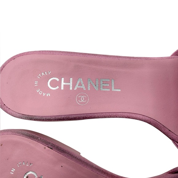 Chanel Camellia Suede Calfskin CC Flower Pink Slide Sandals Size 37 - Picture 8 of 11